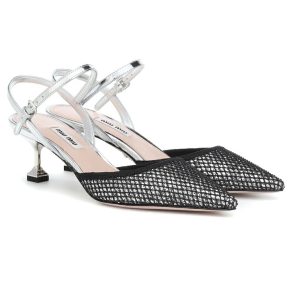 Rare Miu Miu Silver Mesh Black Glitter Kitten Heel sz 7.5